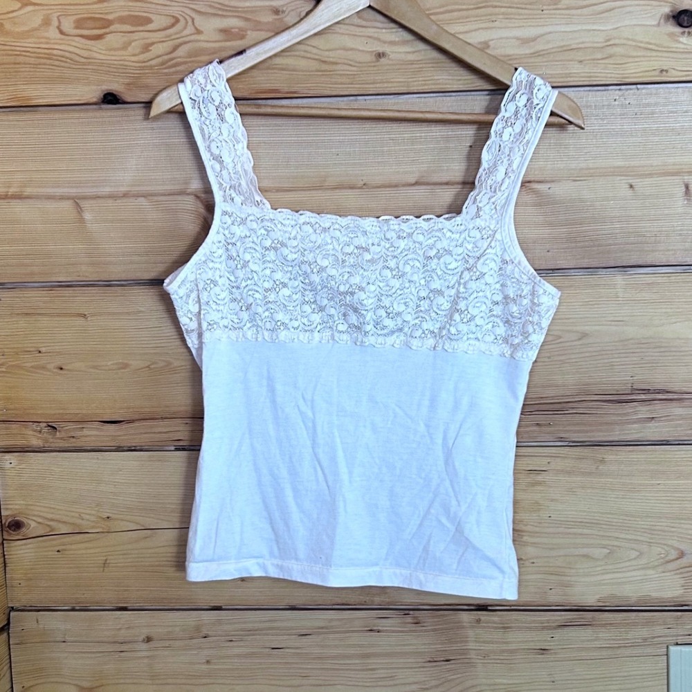 Vintage Lace Cami Tank Top Womens Large White Ribbed Coquette Paris Sport Club